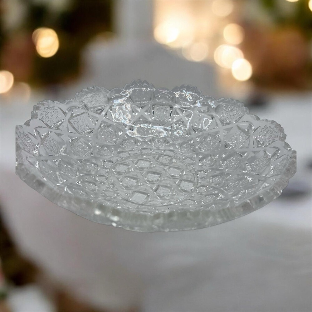 Vintage Cut Glass Bowl Beautiful Design Scalloped Edges